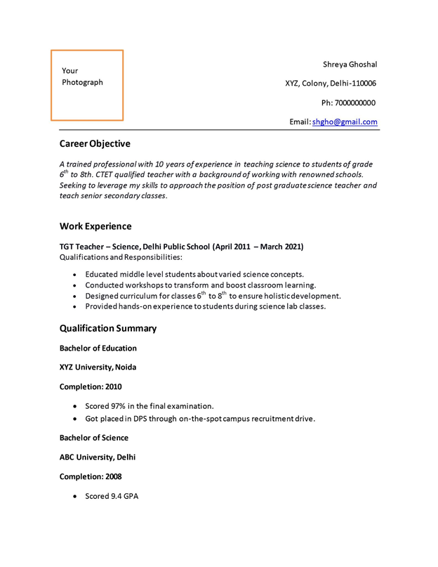 Resume For Teachers